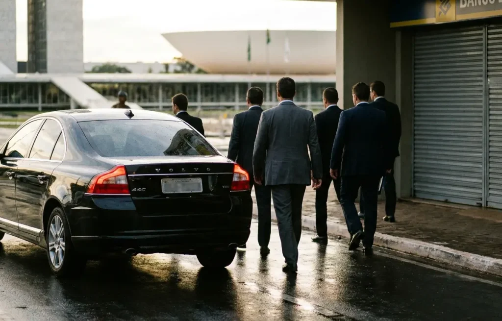 Carro oficial e assessores de costas em frente a agência bancária fechada, Congresso desfocado