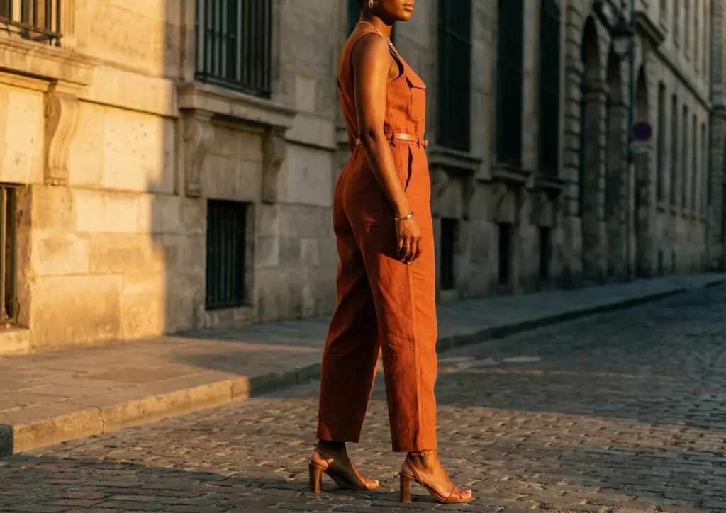 Mulher em 3/4 usando macacão terracota com cinto, em rua urbana ao entardecer