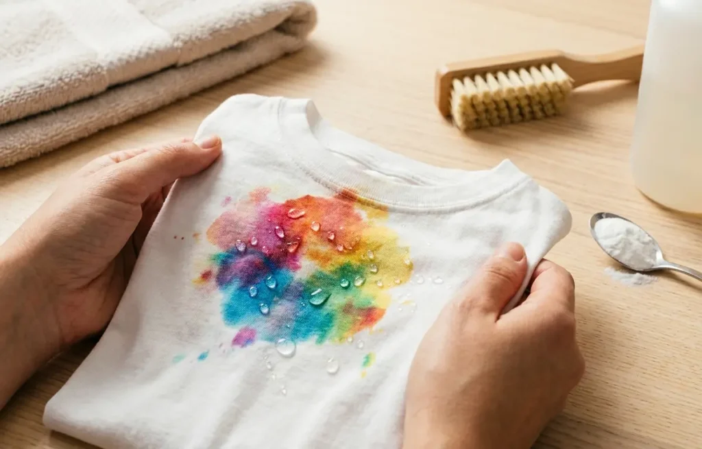 Mãos segurando camiseta branca com mancha colorida e produtos para remoção sobre mesa de madeira.