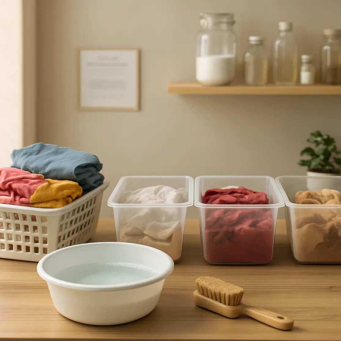 Lavanderia caseira organizada com cesta de roupas coloridas e frascos de soluções para remoção de manchas.