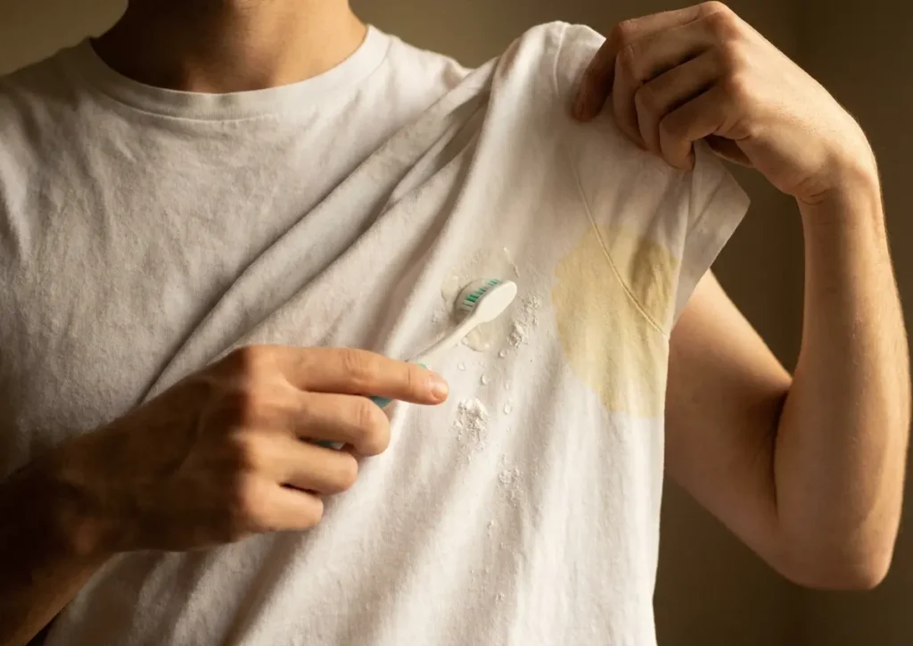 Mãos tratando mancha de desodorante em camiseta branca, close no tecido e na escova