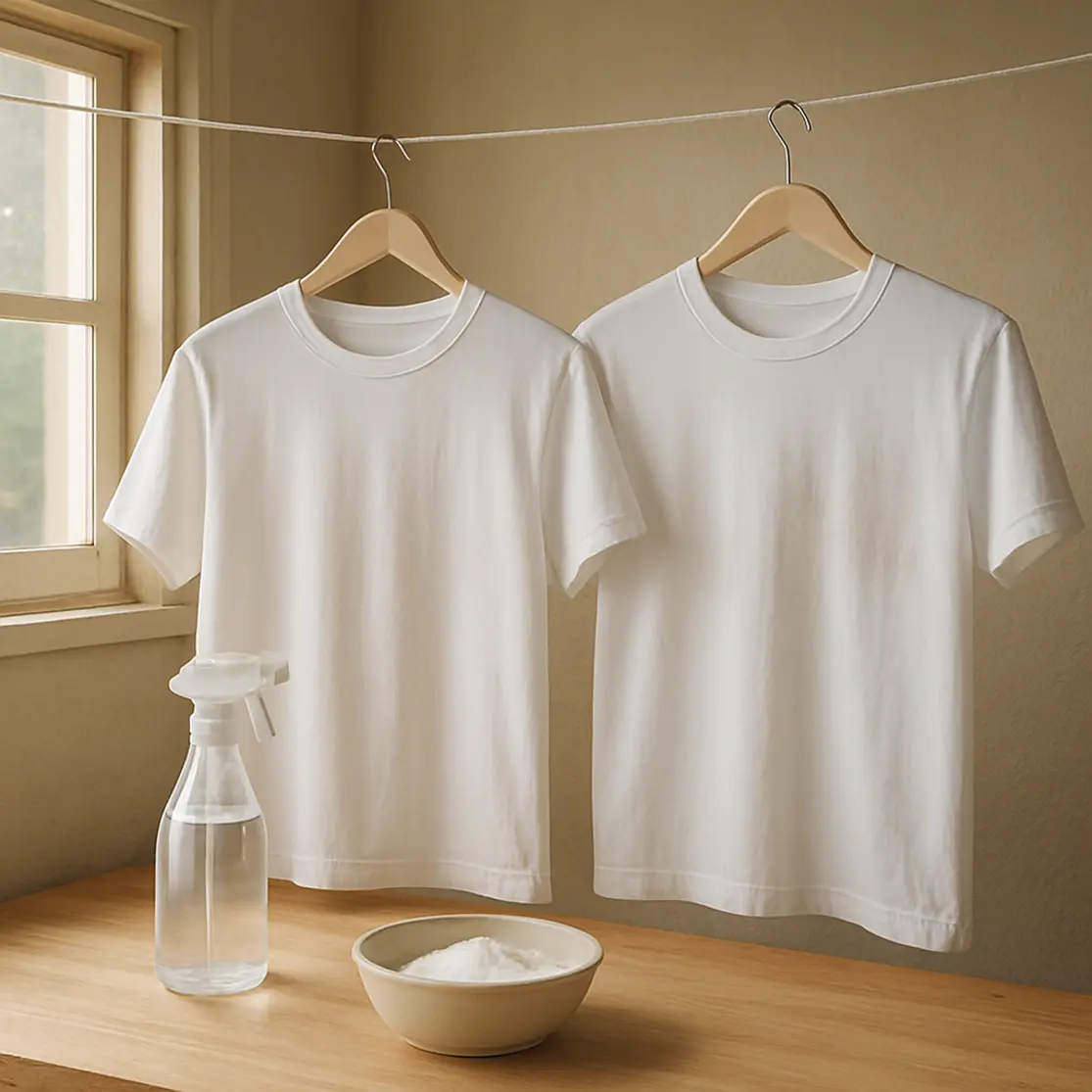 Varal interno com camisetas secas mostrando antes e depois do tratamento de mancha