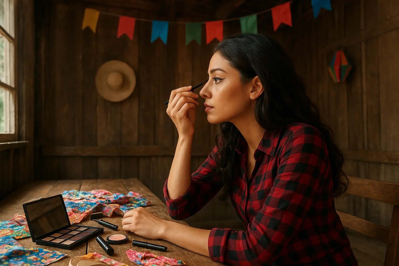 Cena ampla da preparação de maquiagem junina, mulher de perfil aplicando delineado em mesa rústica com bandeirinhas e produtos