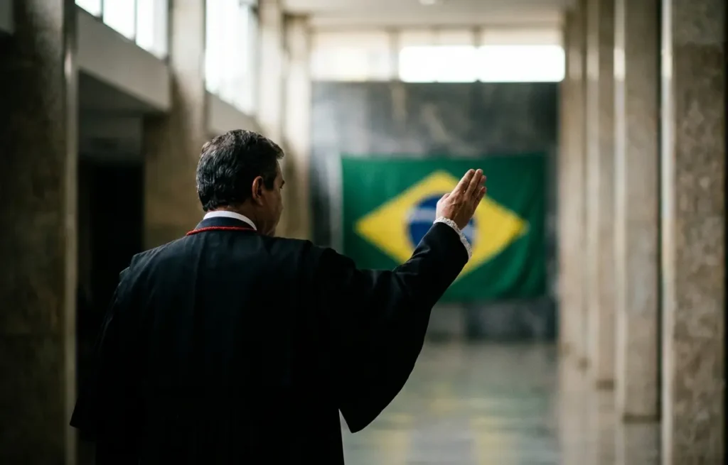 Juiz de toga visto de costas no interior do STF