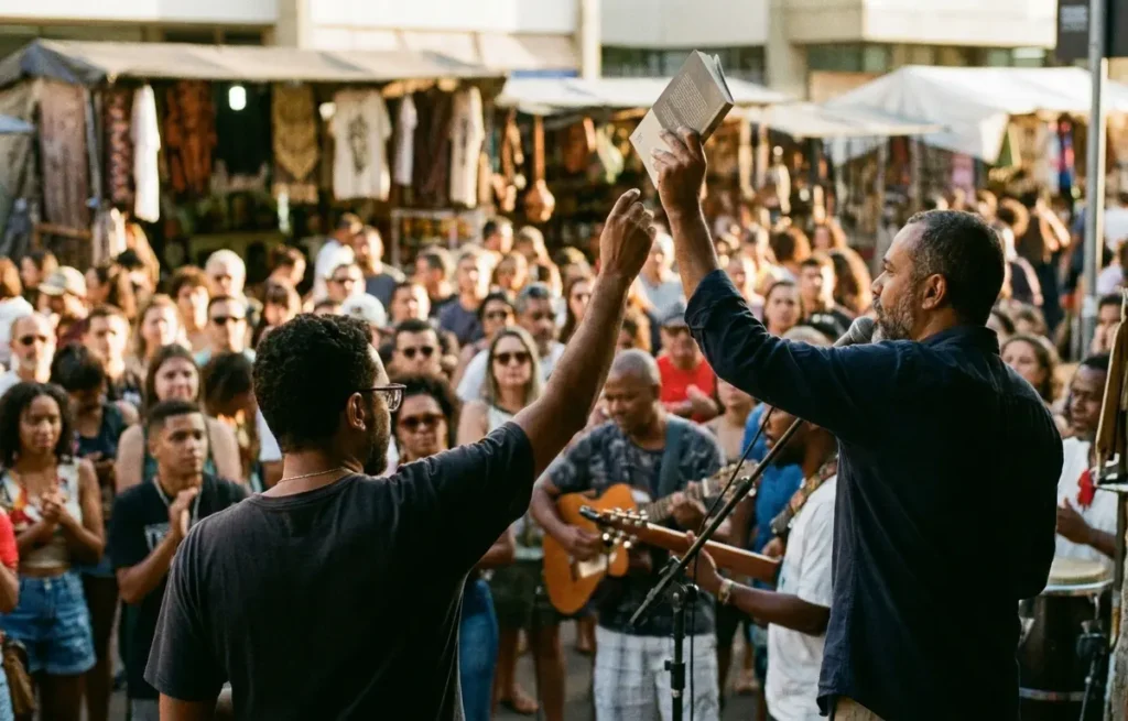 Poeta Marina Mara vista de costas no palco durante lançamento de Grelo-Granada, músicos e feira mística ao fundo