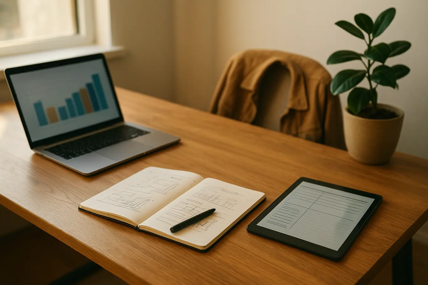 Mesa de trabalho lateral com laptop, tablet e caderno, perspectiva mais ampla do home office.