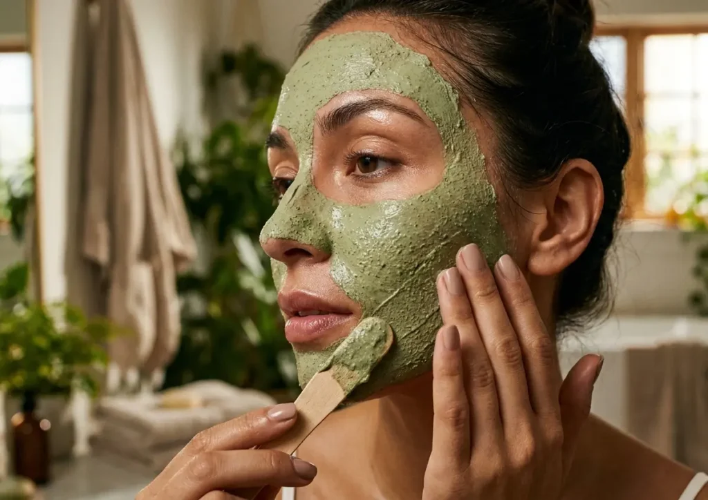 Mulher em perfil 3/4 aplicando máscara de argila verde no rosto, pele oleosa controlada, banheiro desfocado ao fundo