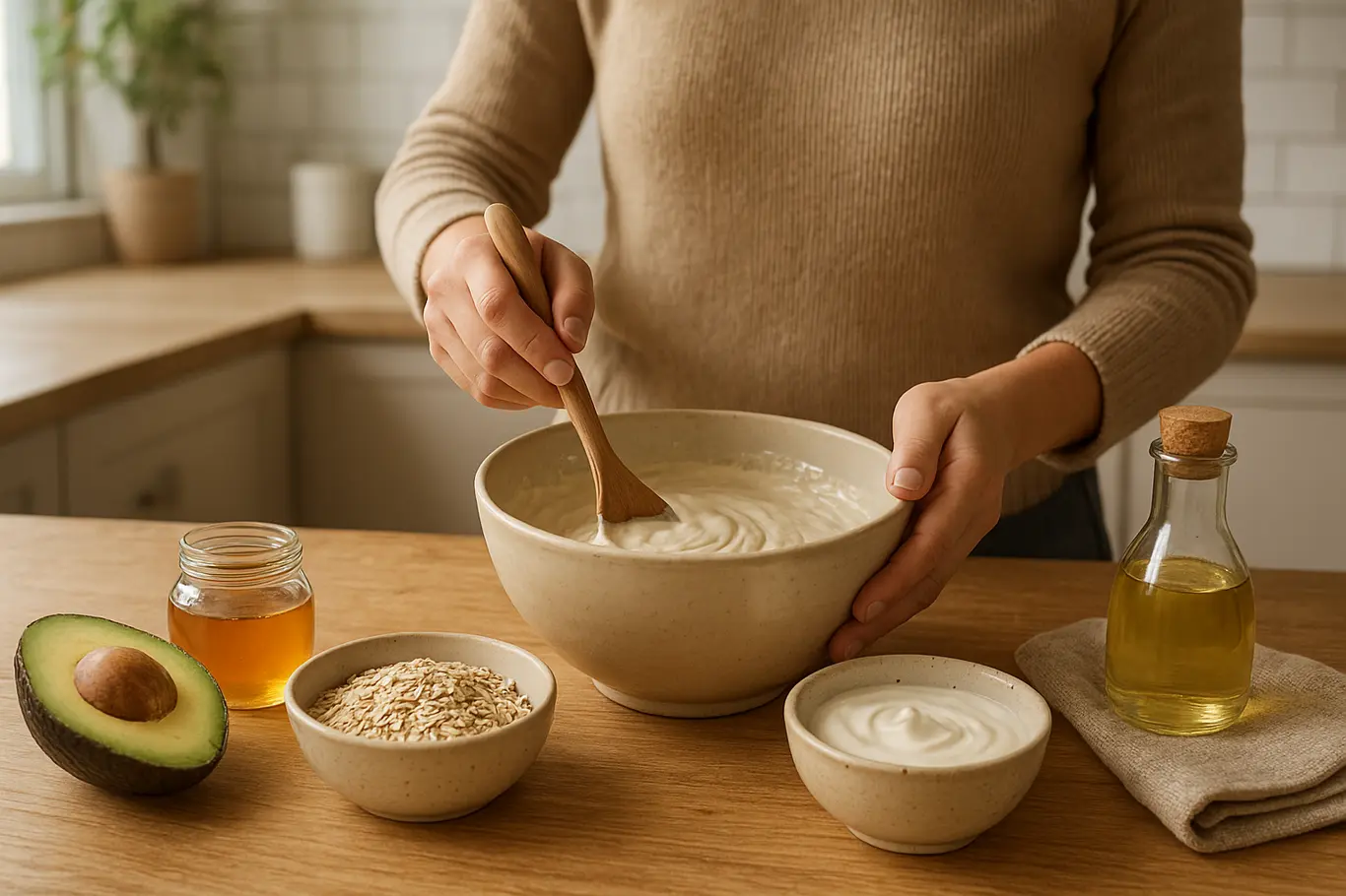 Bancada com ingredientes e mãos misturando máscara caseira para pele seca
