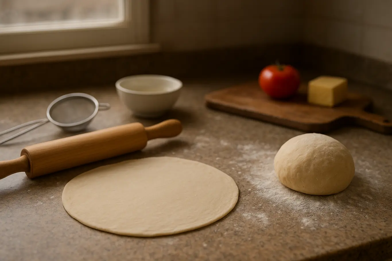 Bancada de cozinha mostrando disco de massa fina e bola de massa grossa com utensílios e ingredientes ao redor