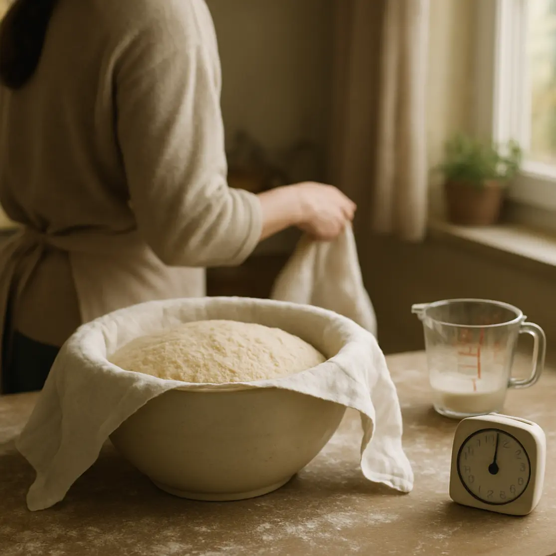 Tigela com massa de pizza grossa coberta por pano, timer e pacote de fermento ao lado em cozinha iluminada