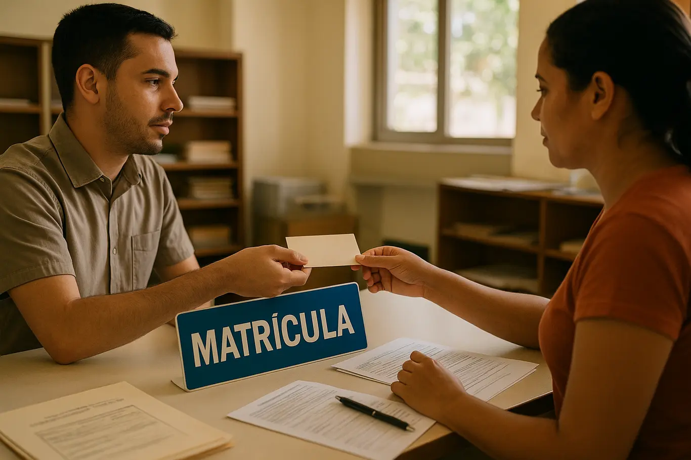 Balcão de matrícula com atendente em perfil entregando comprovante a responsável visto de 3/4 na escola pública