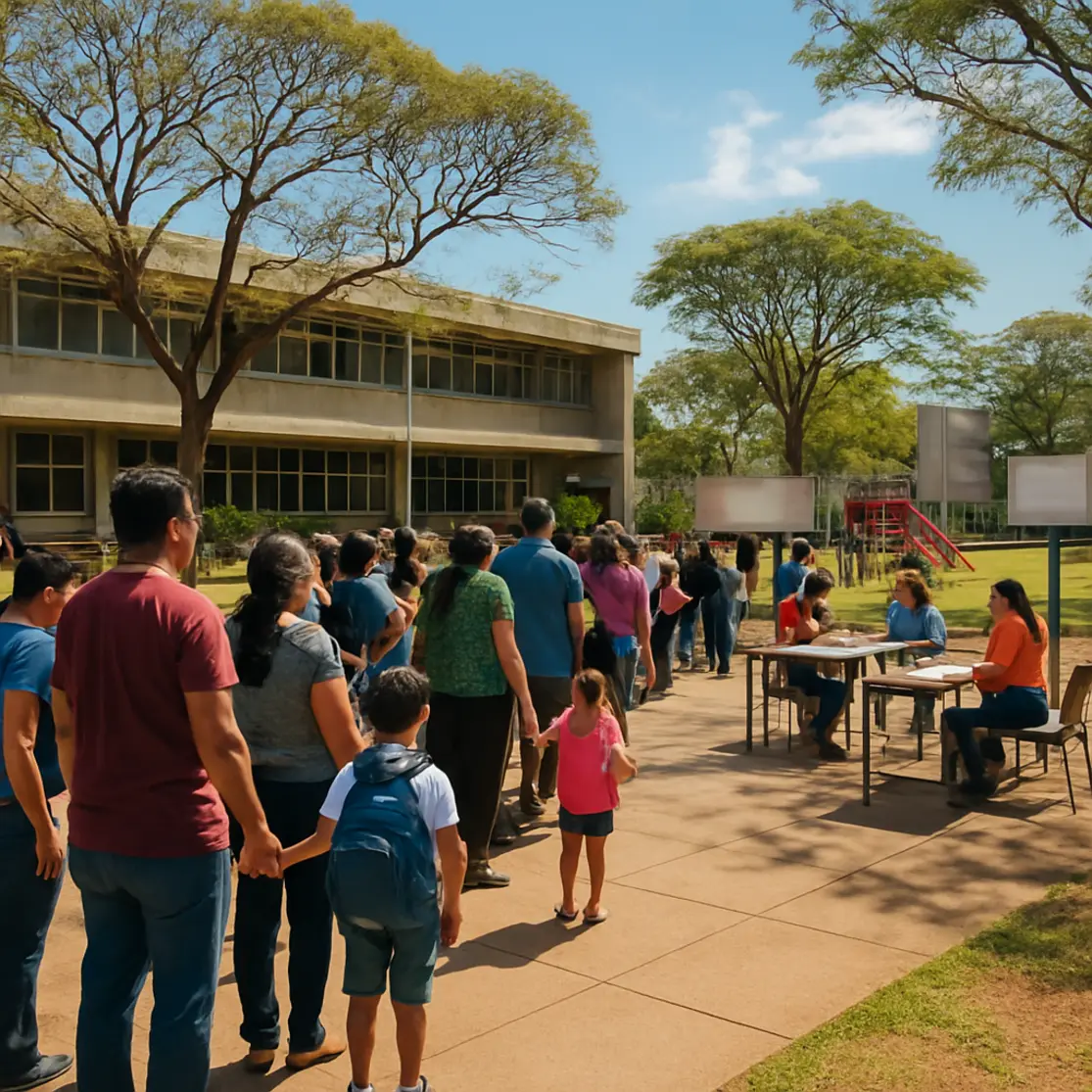 Pátio amplo de escola pública em Brasília com filas de pais e crianças durante matrículas, vista panorâmica