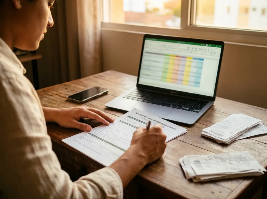 Microempreendedor assinando formulário de abertura de MEI em home office, vista de três-quartos sem rosto identificável