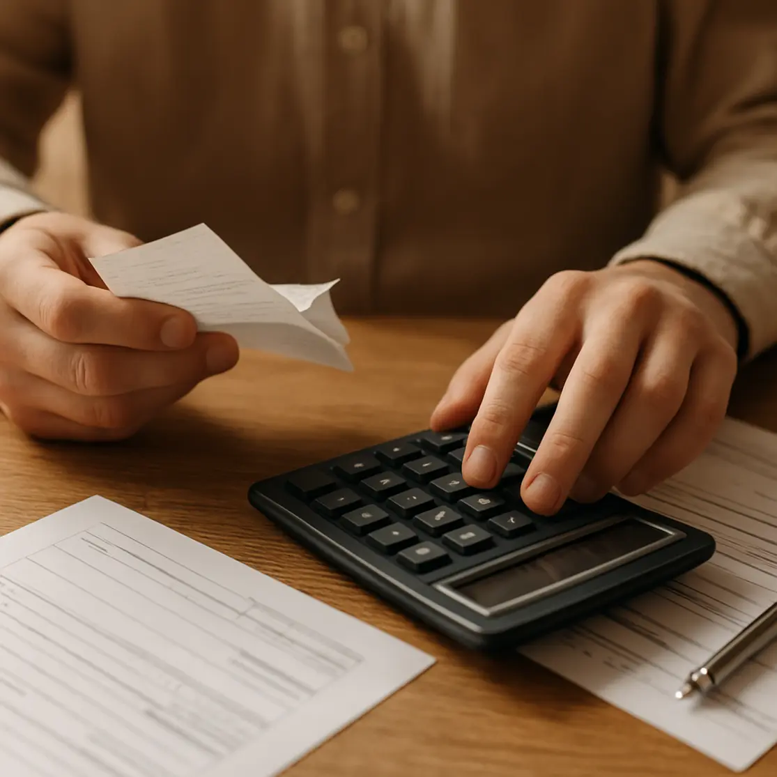 Mãos organizando comprovantes e usando calculadora em mesa, simbolizando finanças e impostos do MEI