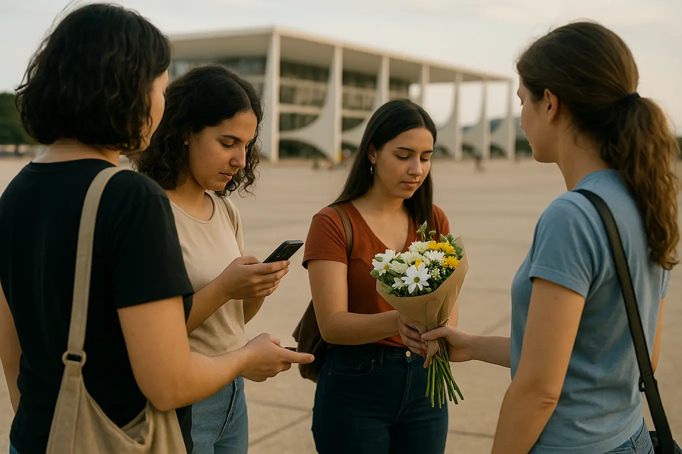 Grupo de mulheres de costas em praça de Brasília trocando mensagens e recebendo flores, arquitetura desfocada ao fundo