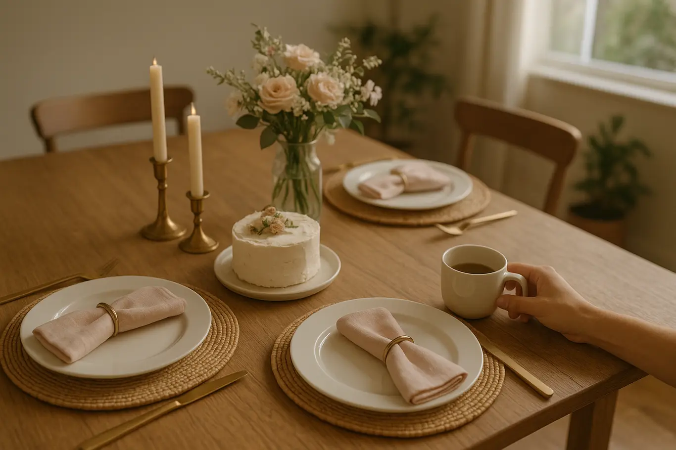 Visão diagonal da mesa posta com bolo, pratos e candelabros baixos