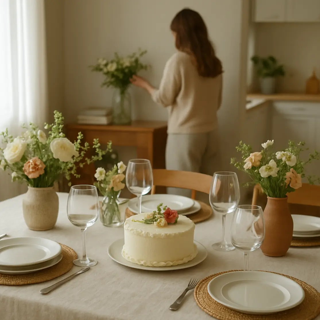 Cena ambiental da sala de jantar com mesa posta e mulher de costas ao fundo