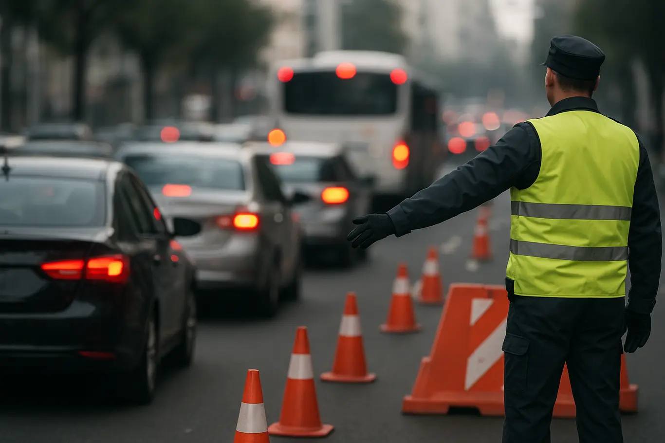 Detalhe das luzes traseiras de veículos e cones, agente de trânsito de costas