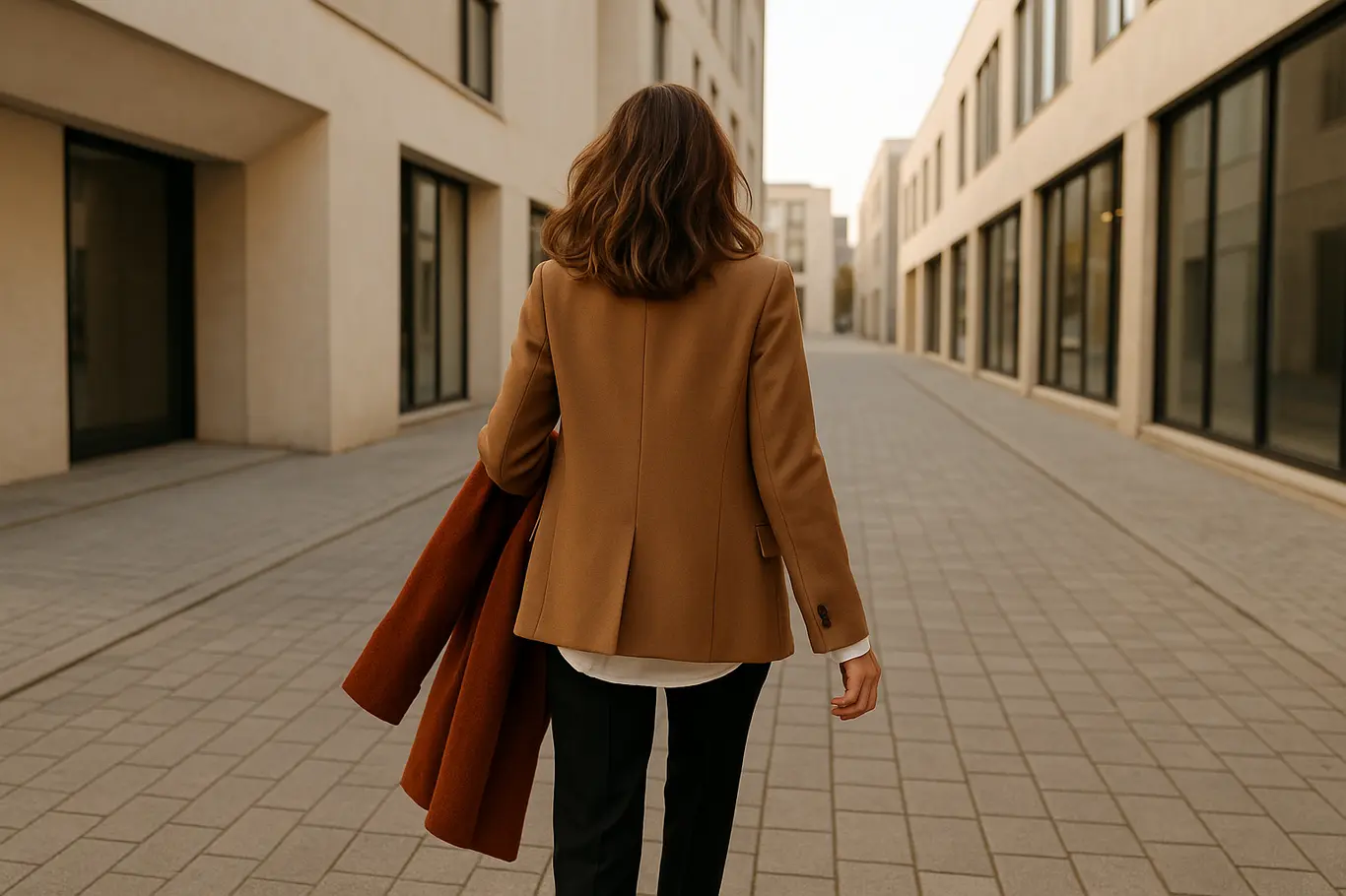 Modelo caminhando de costas em rua moderna com peças essenciais minimalistas
