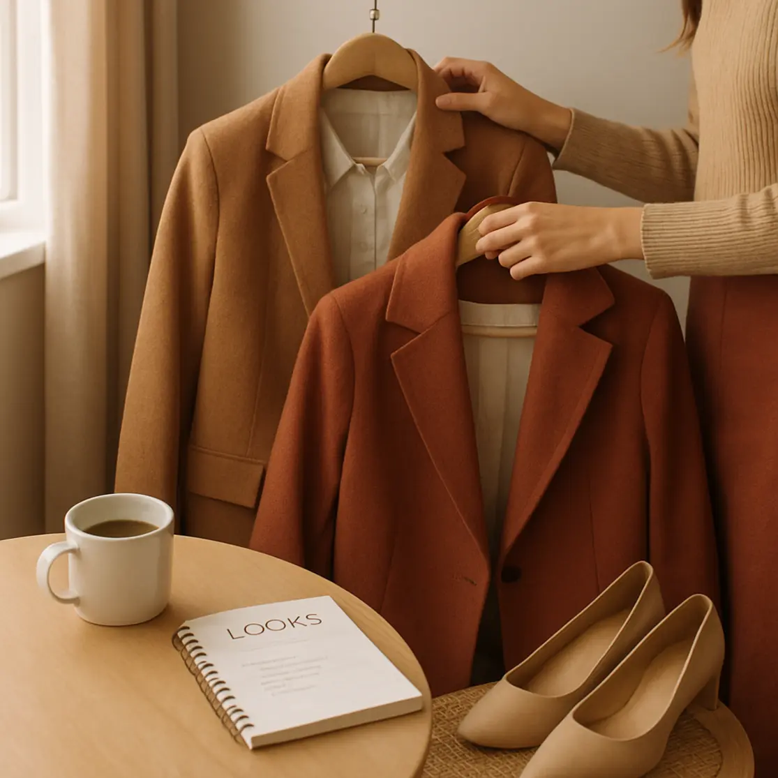 Cena interna de styling com peças essenciais dispostas em apartamento minimalista