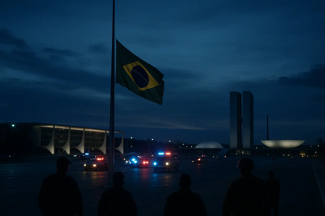 Praça dos Três Poderes com bandeira a meio mastro e viaturas com luzes de emergência ao fundo
