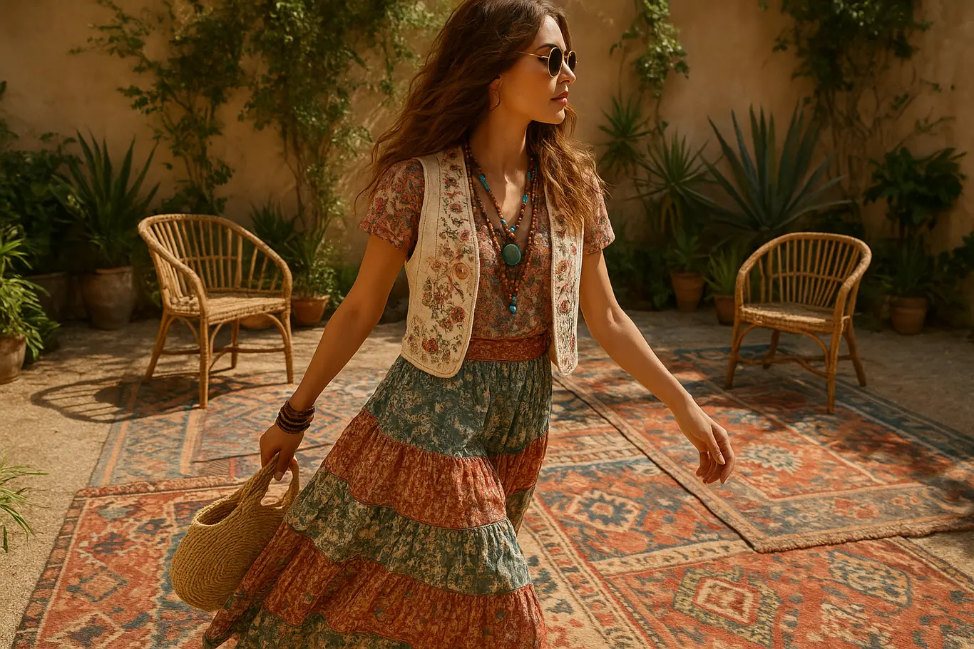 Modelo boho caminhando em pátio com tapetes kilim, plantas e peças sobrepostas em tons terrosos e turquesa