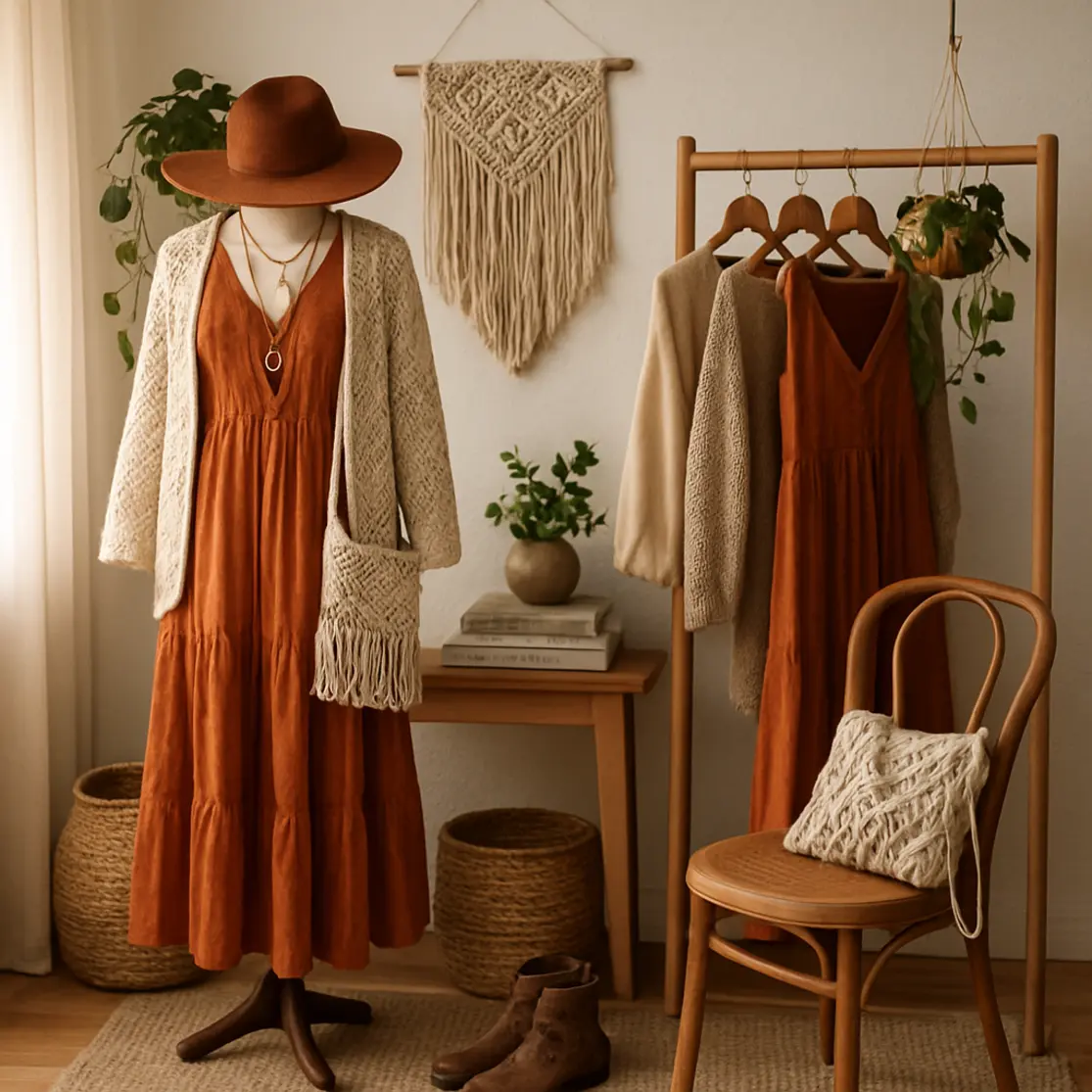 Estúdio boho com manequim vestido, cabideiro, tapeçaria, plantas e acessórios arrumados para montar looks