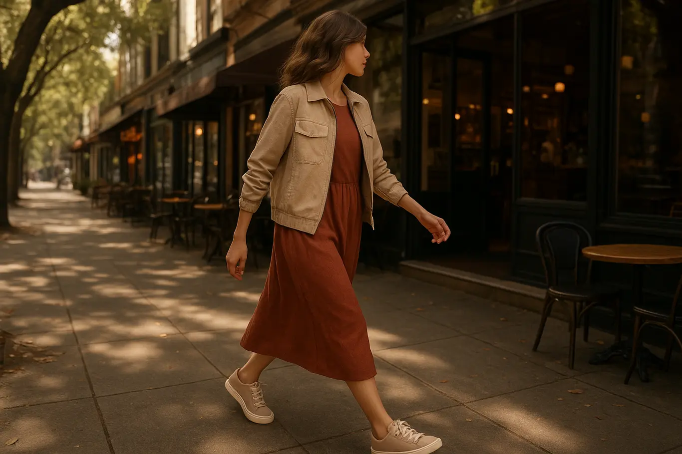 Modelo caminhando lateralmente por rua com jaqueta leve e vestido midi, cenário de cafés