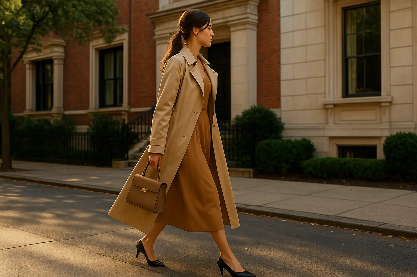 Mulher caminhando em perfil pela calçada com trench coat bege e vestido midi