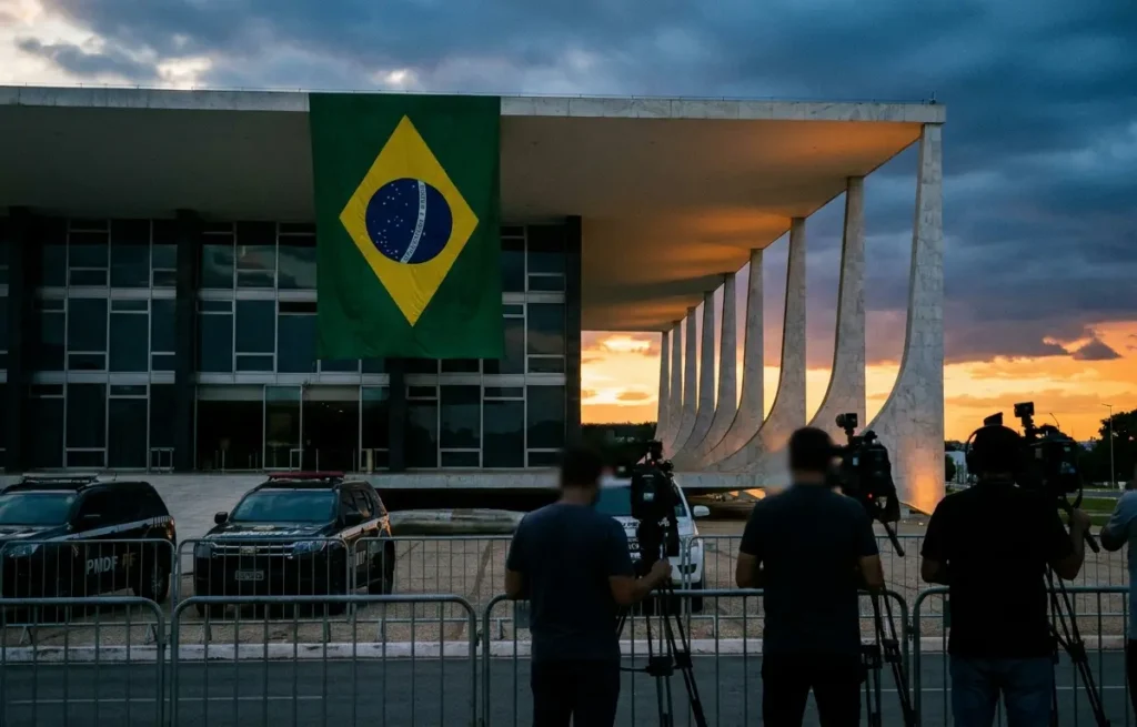 Fachada do STF ao entardecer, viaturas e jornalistas de costas, rostos desfocados