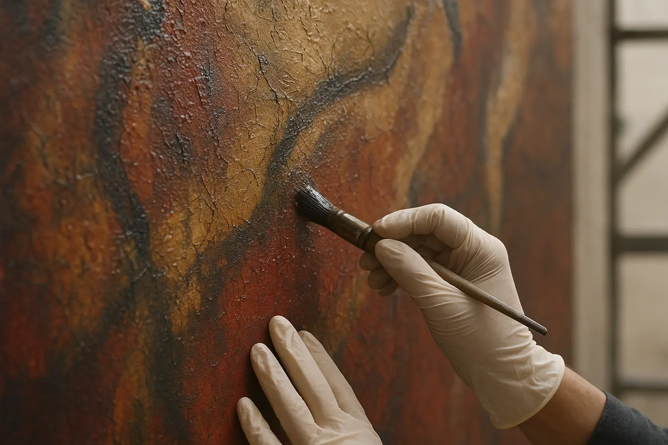 Close-up do detalhe do mural com pinceladas, verniz e mãos do artista em trabalho, sem rosto visível