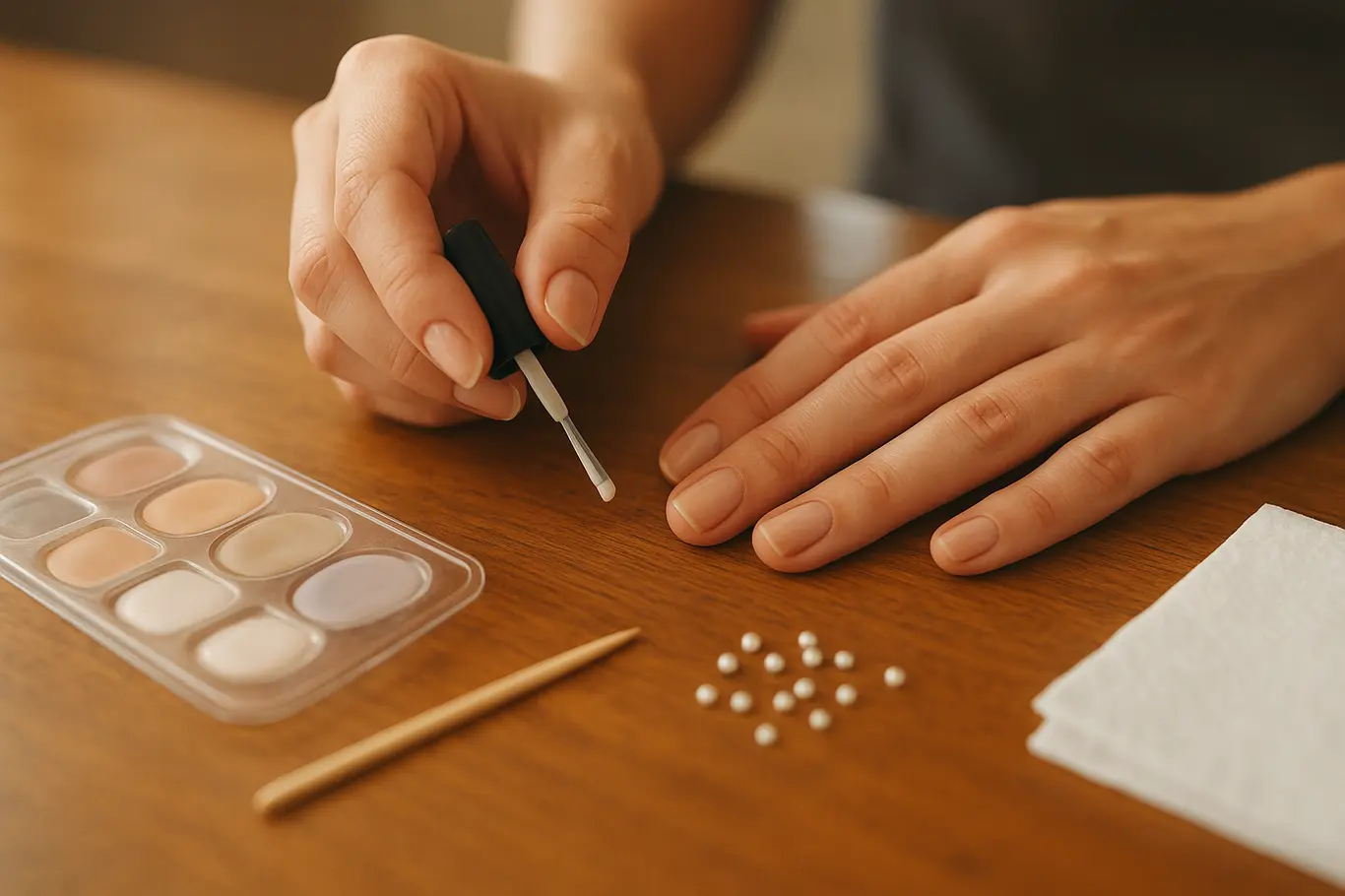 Mão aplicando esmalte em close aberto com ferramentas de manicure visíveis na mesa