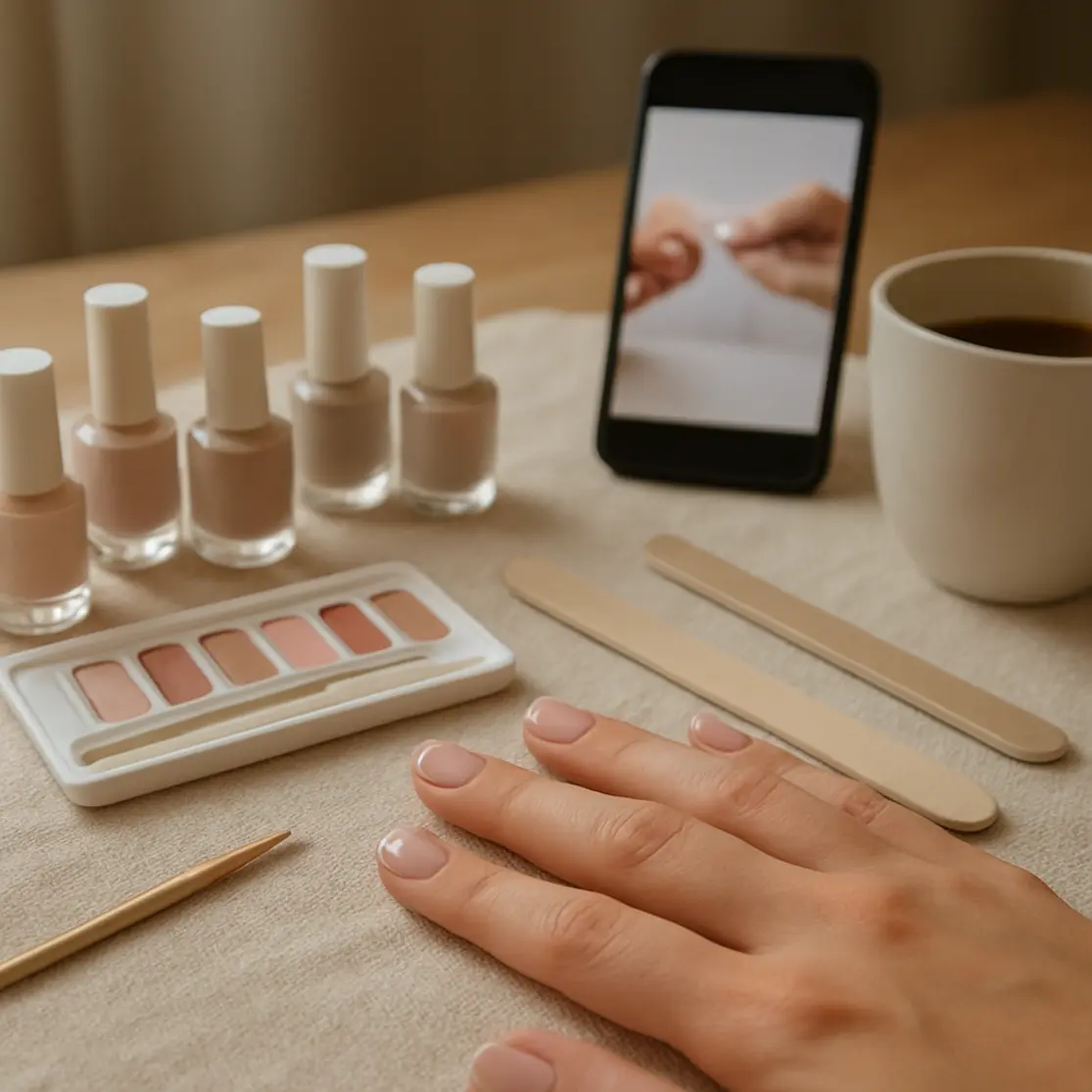 Mesa de manicure caseira com frascos de esmalte, ferramentas e mão apoiada mostrando nail art finalizada
