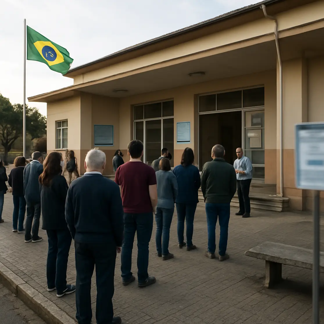 Fila discreta de eleitores de costas em frente a prédio público no dia da eleição, perspectiva ampla.