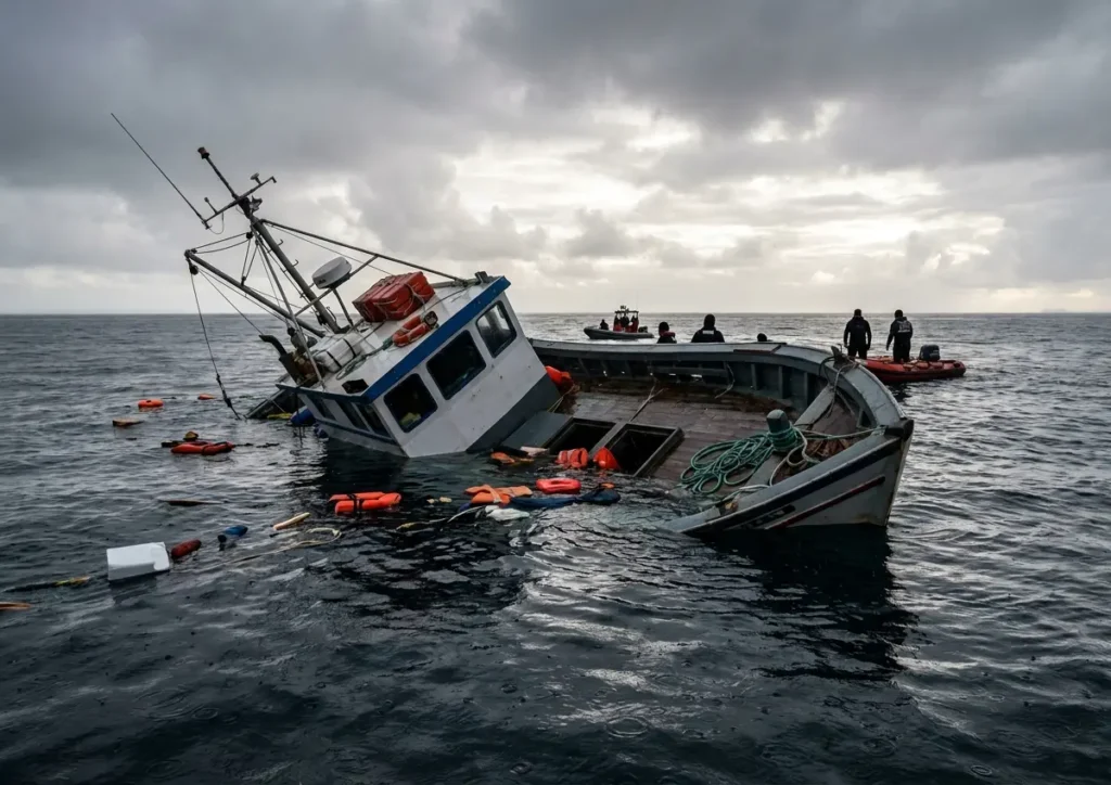Barco de pesca parcialmente submerso no lago, destroços e operações de resgate ao fundo