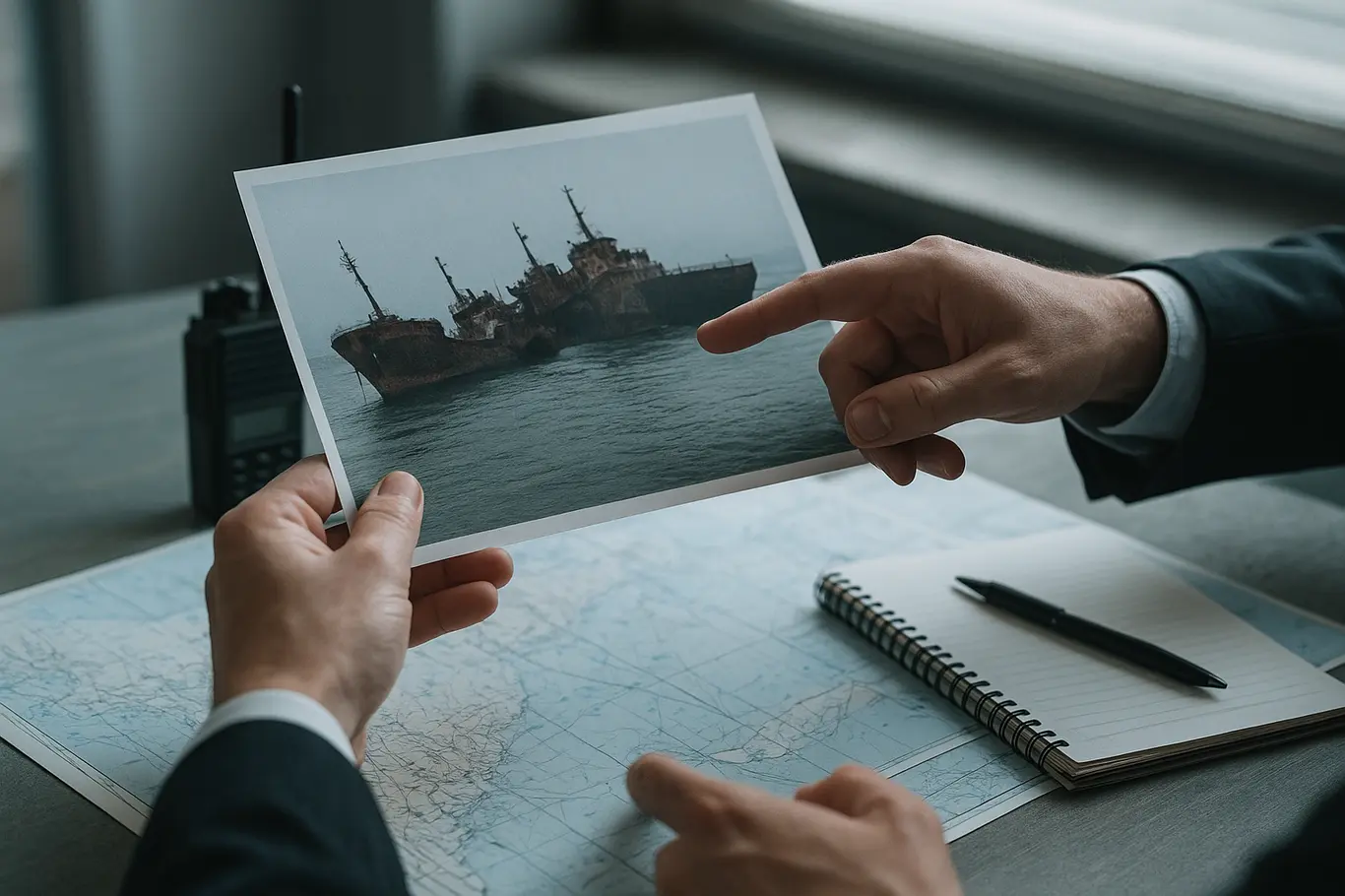 Mãos apontando para foto impressa de navios sobre mesa com mapas navais