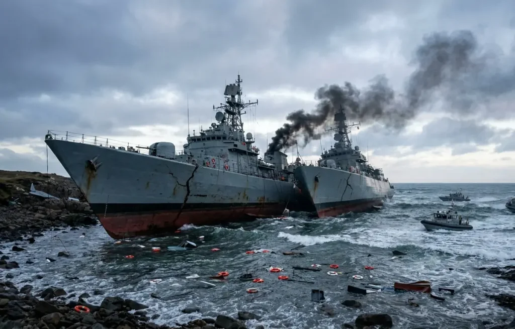Navios militares parcialmente submersos em mar agitado com fumaça ao fundo