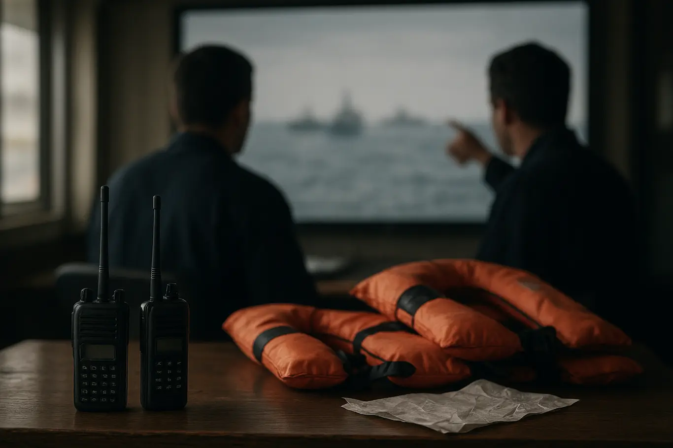 Sala de comando com duas figuras de costas observando monitor com imagem desfocada de navios