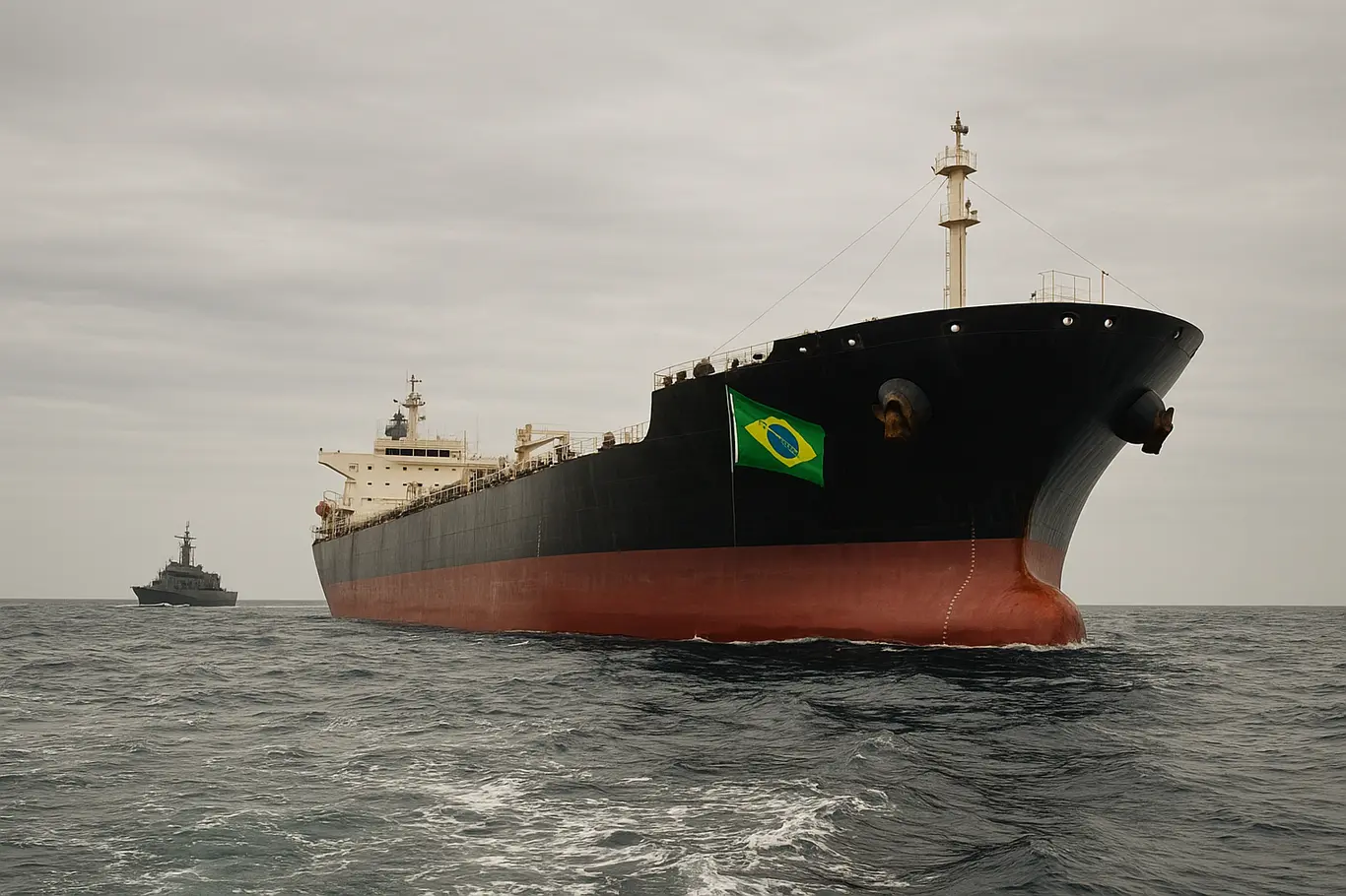 Petroleiro no Estreito de Ormuz com patrulha naval ao longe, bandeira brasileira visível na popa.