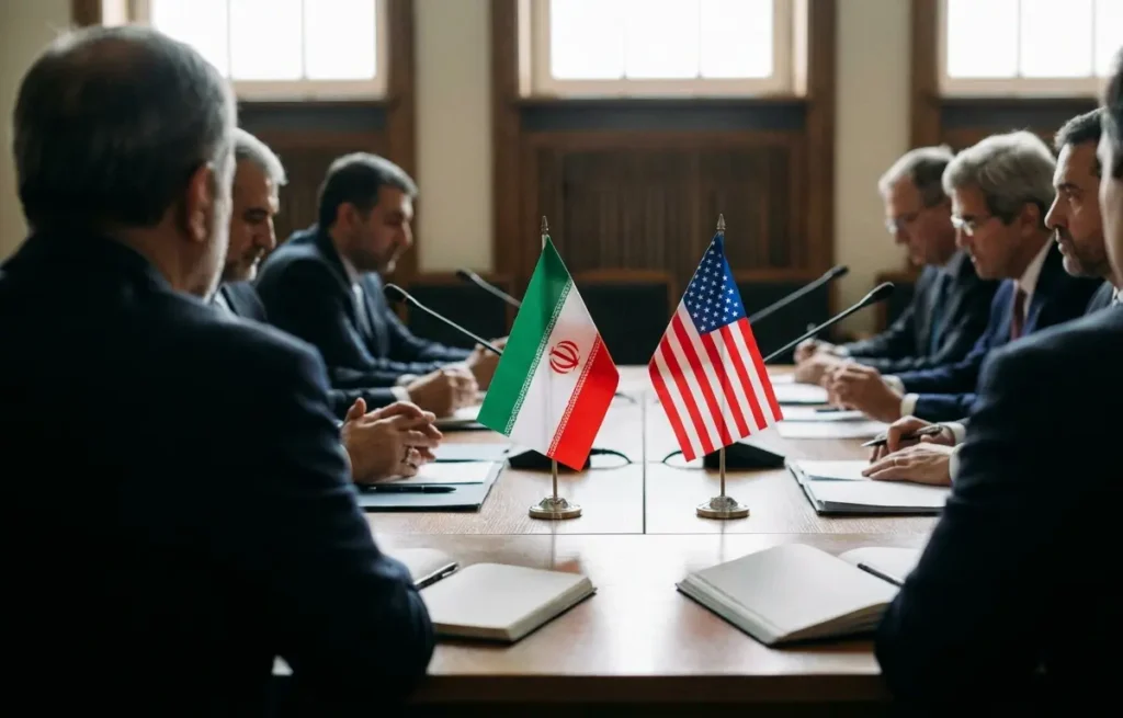 Mesa de negociação com bandeiras do Irã e dos Estados Unidos, delegados de costas e mãos sobre documentos.