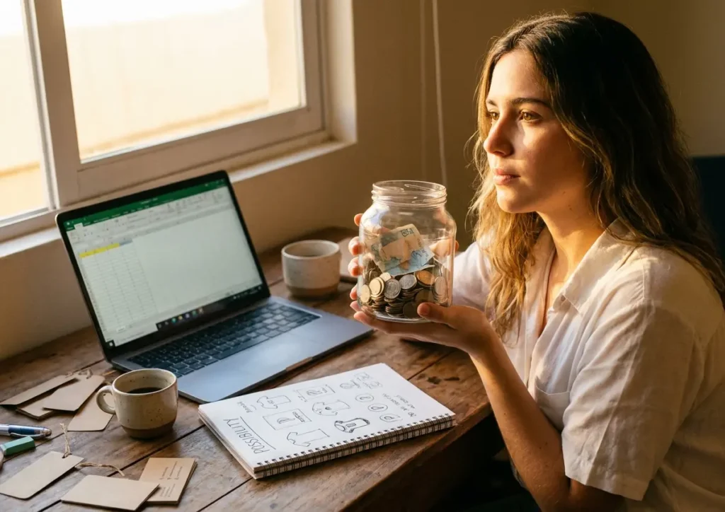 Abrir um negócio com pouco dinheiro: 9 passos práticos e rápidos Empreendedora em 3/4 numa mesa de café com cofrinho, laptop e caderno, cores quentes.