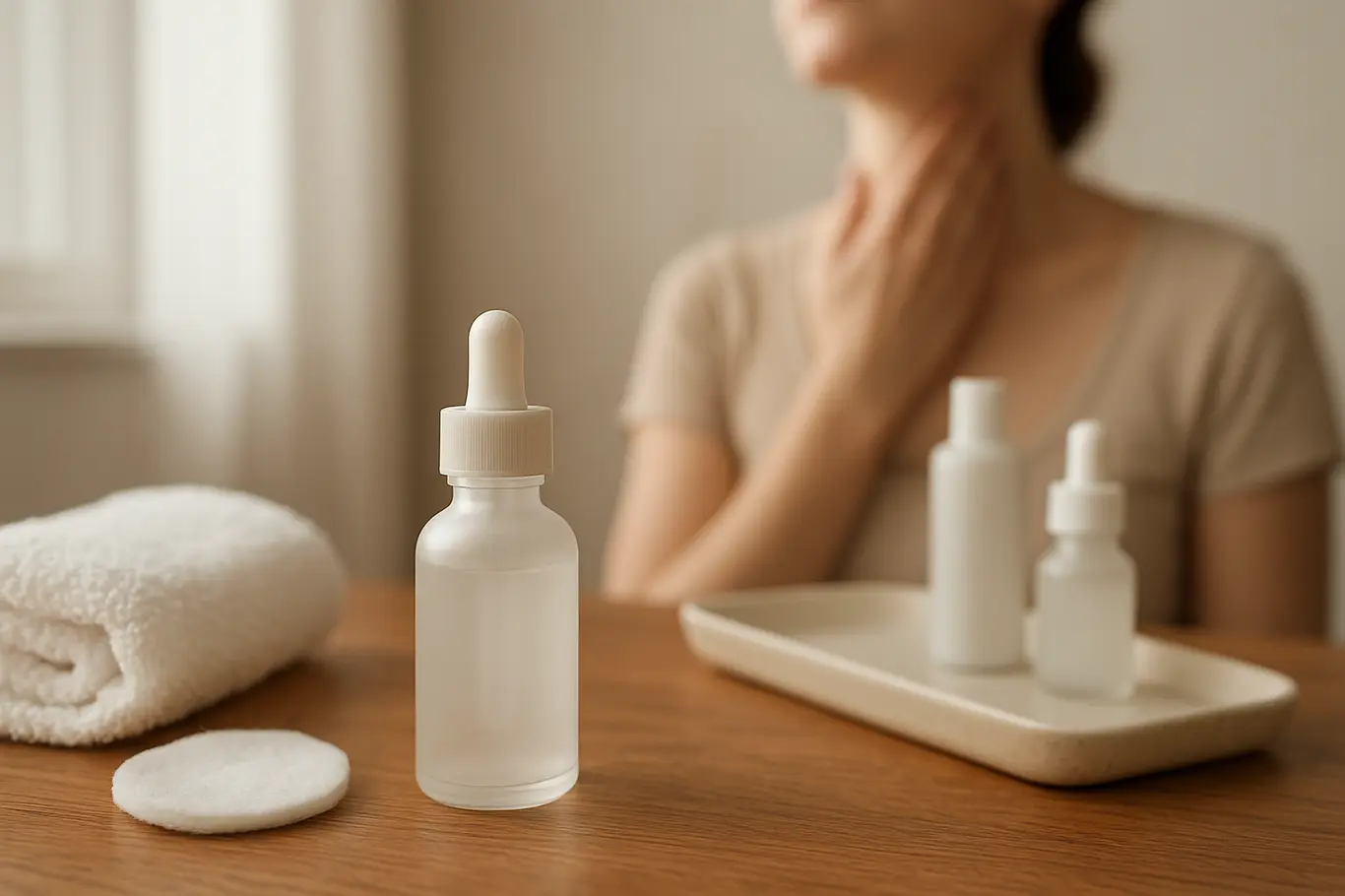 Bancada de skincare com frasco de niacinamida em primeiro plano e pessoa aplicando no pescoço ao fundo