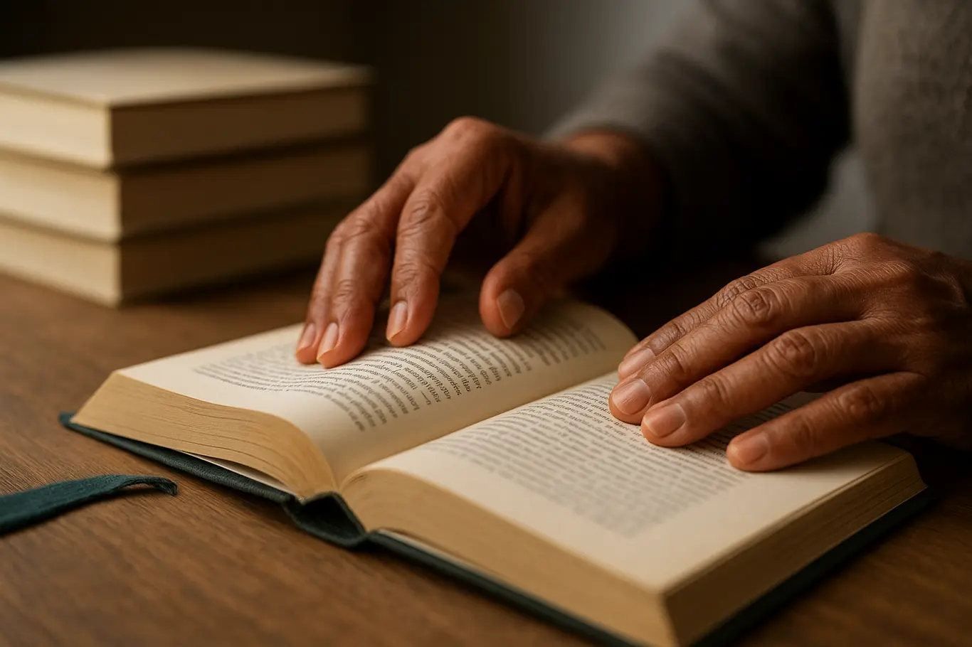 Close nas mãos virando páginas do livro relançado na Biblioteca Demonstrativa, com cópias desfocadas ao fundo.