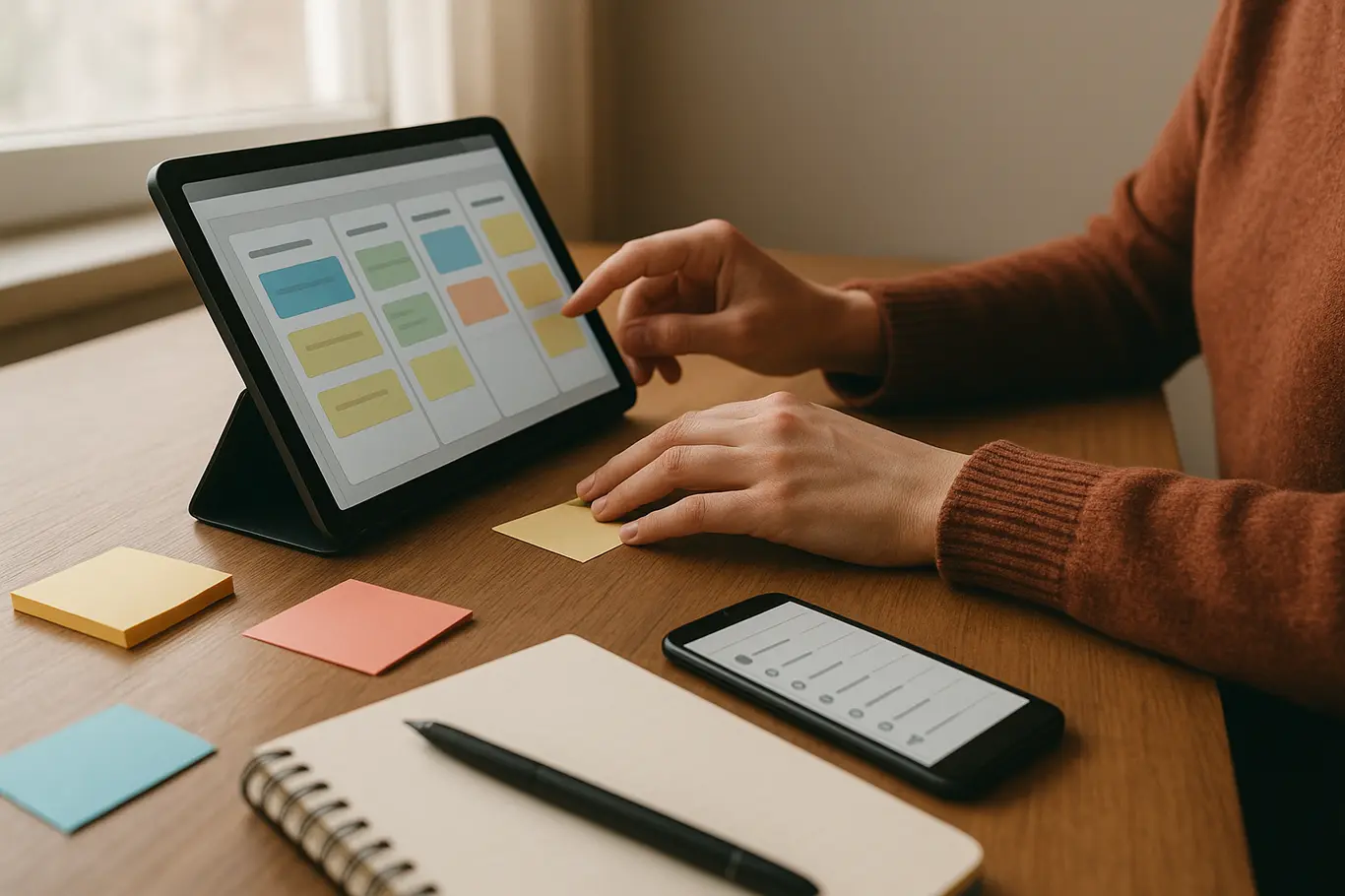 Mesa lateral com tablet e mãos organizando cartões virtuais, post-its e smartphone em ambiente de trabalho iluminado.