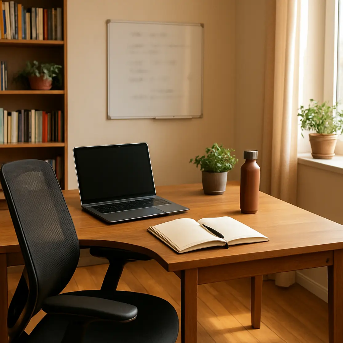 Home office amplo e organizado com mesa, laptop, caderno, estante e quadro de planejamento, iluminado por janela.