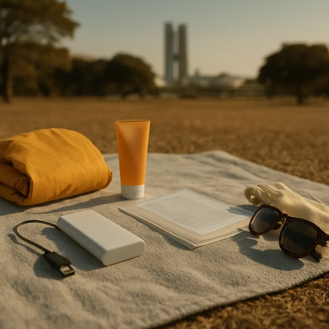 Toalha com itens organizados para show ao ar livre: capa de chuva, protetor solar, power bank, documentos e óculos, Brasília ao fundo.