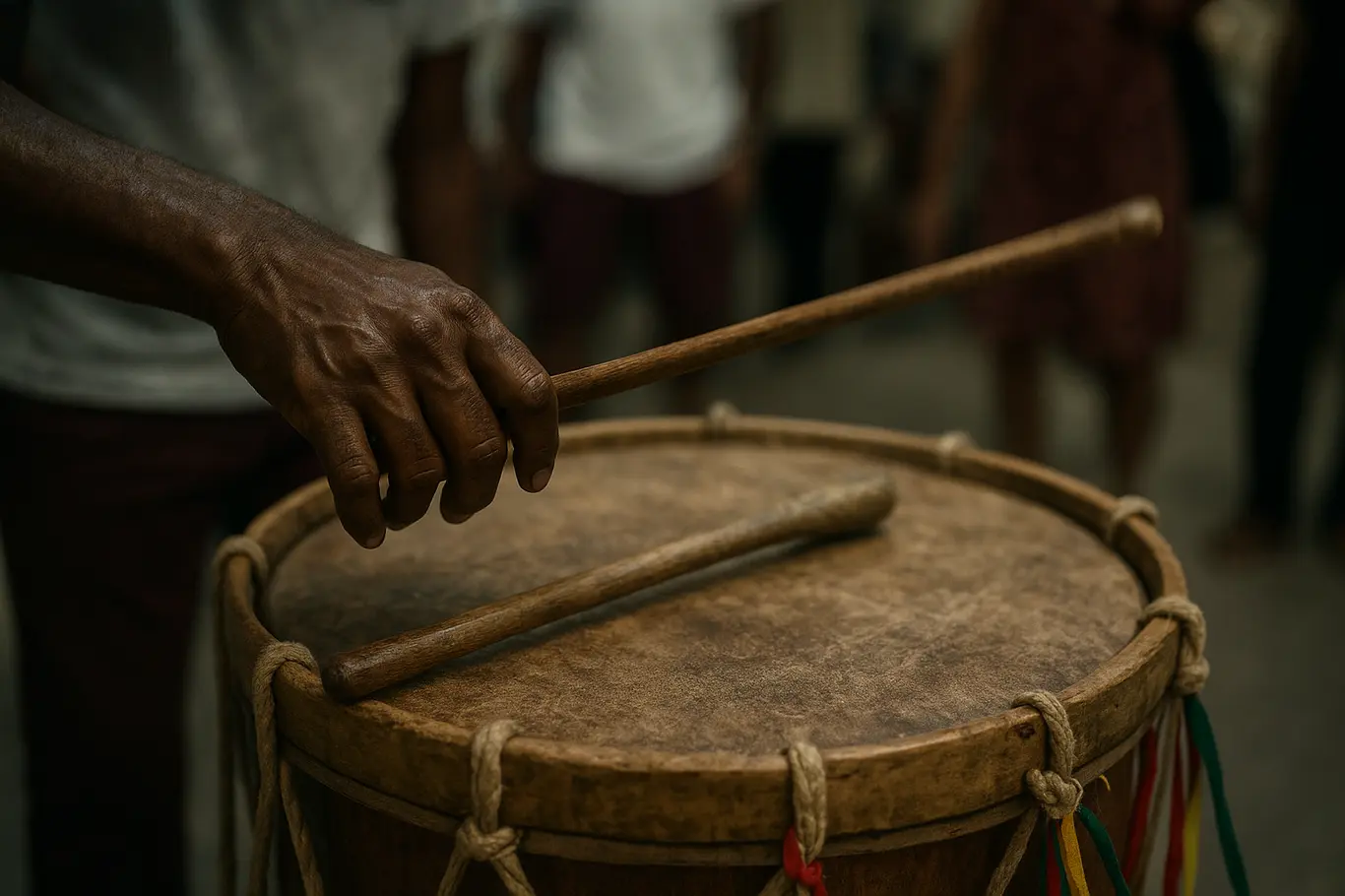 Close-up das mãos tocando a pele de uma caixa de maracatu, com fundo desfocado do espaço cultural