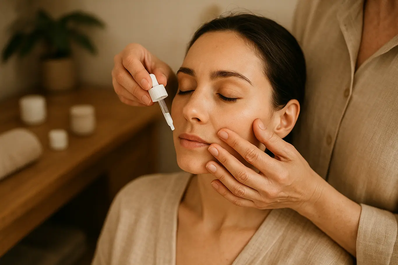 Visão lateral superior de aplicação de creme clareador sob os olhos por profissional