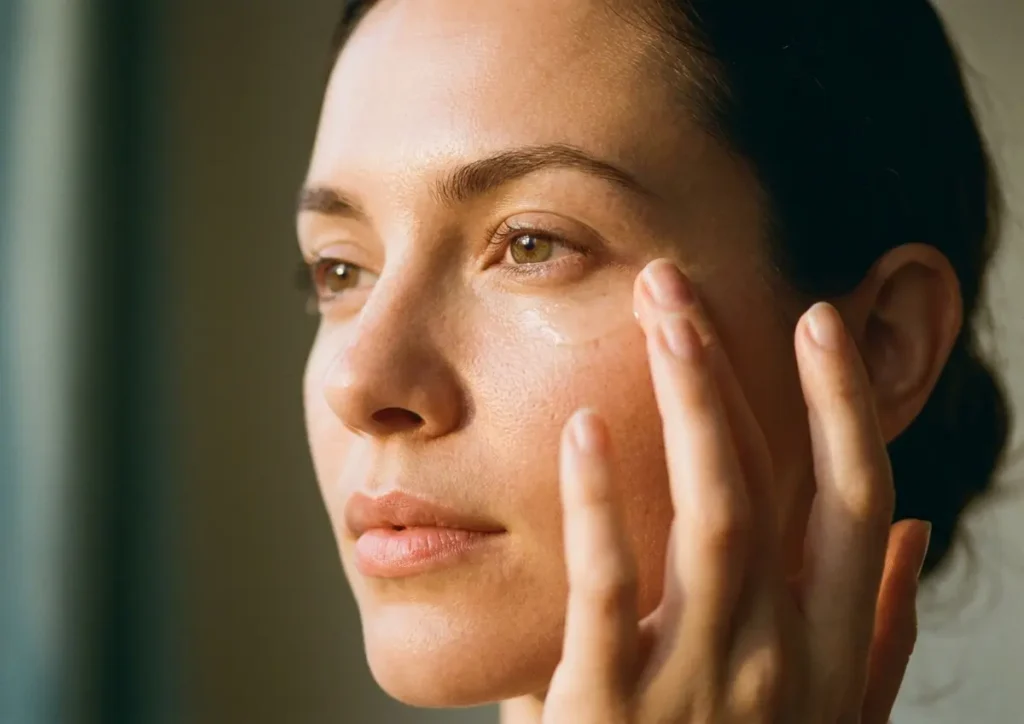 Mulher em perfil 3/4 aplicando sérum sob os olhos, pele natural e luz quente