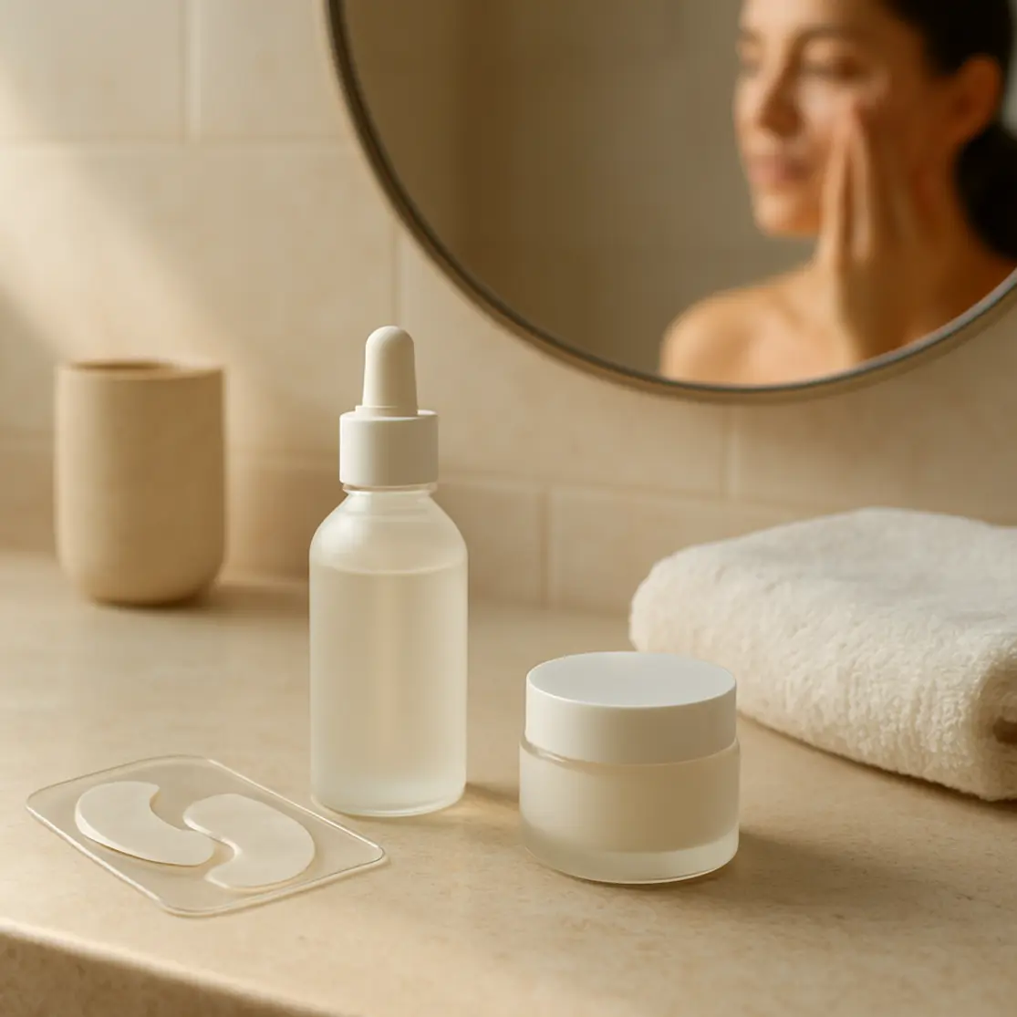Bancada de skincare com produtos para olheiras e reflexo desfocado de pessoa no espelho